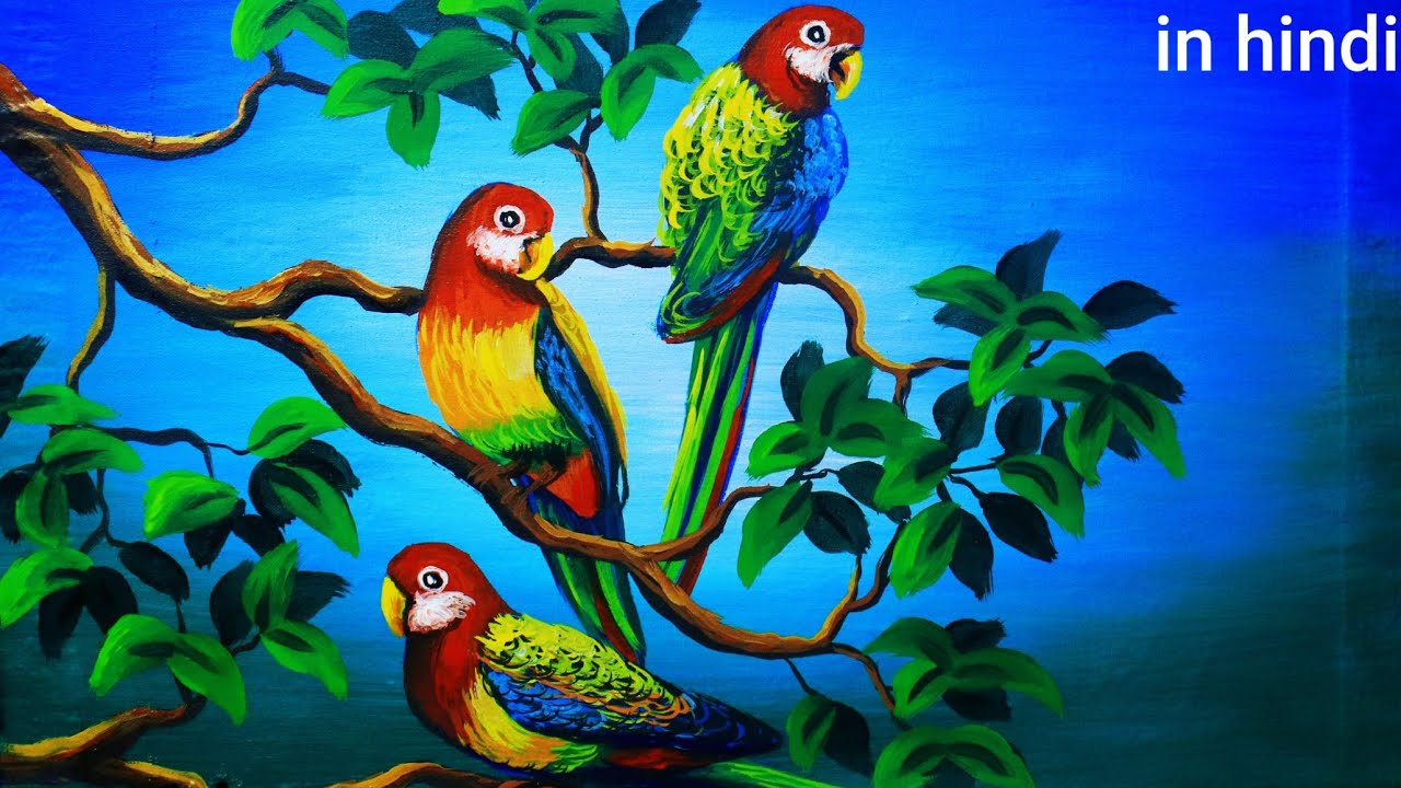 Beautiful parrot bird drawing and painting | acrylic painting birds | painting tutorial in hindi 