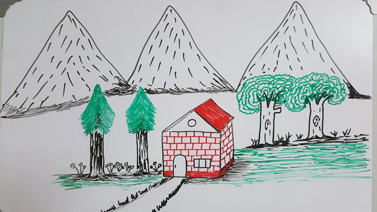 Simple scenery drawing with dry erase marker on whiteboard| Landscape drawing on a whiteboard 