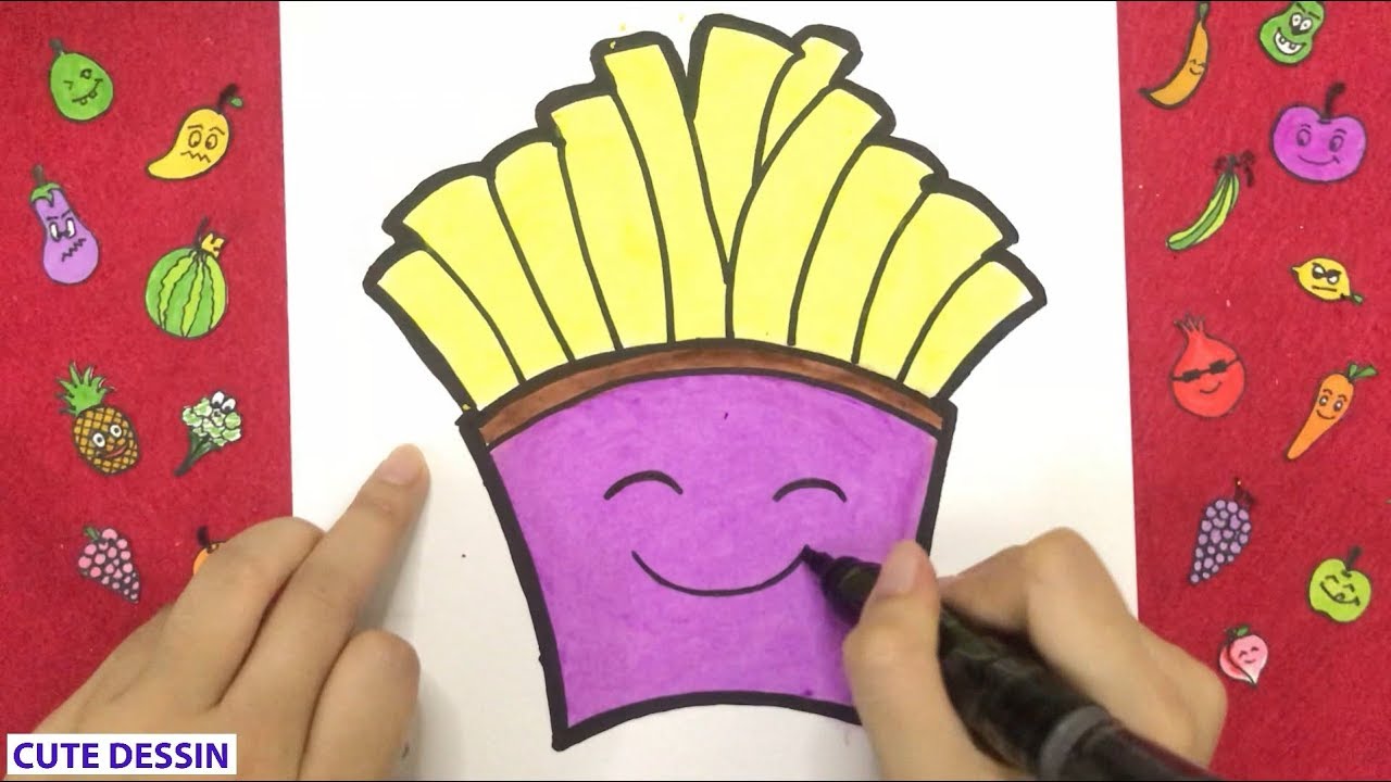 Comment dessiner et colorier une boîte de frites mignon FACILEMENT étape par étape 1 – Dessin boîte 