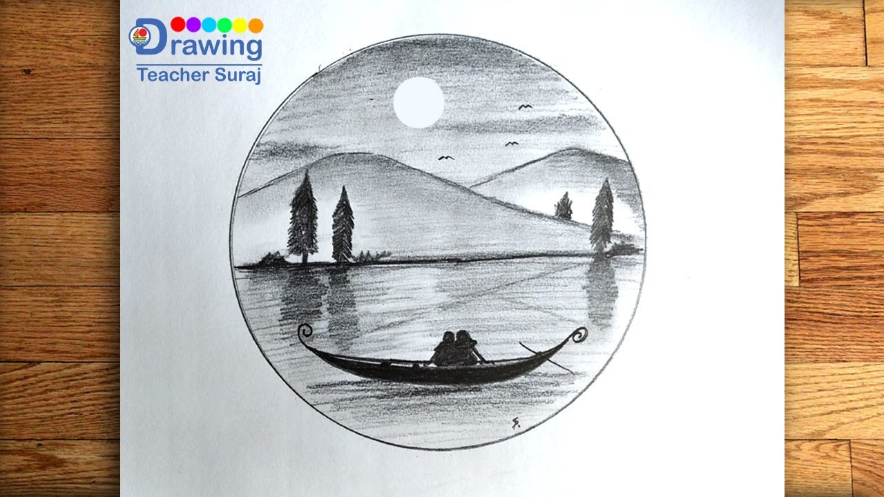 How to draw couple enjoying in beautiful lake moonlit night with pencil step by step 