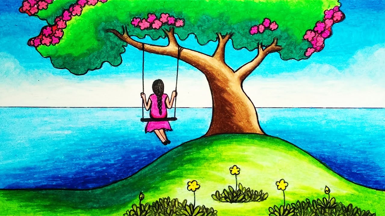 How to Draw Easy Scenery of a Girl Swinging in a Tree Step by Step | Simple Nature Scenery Drawing 