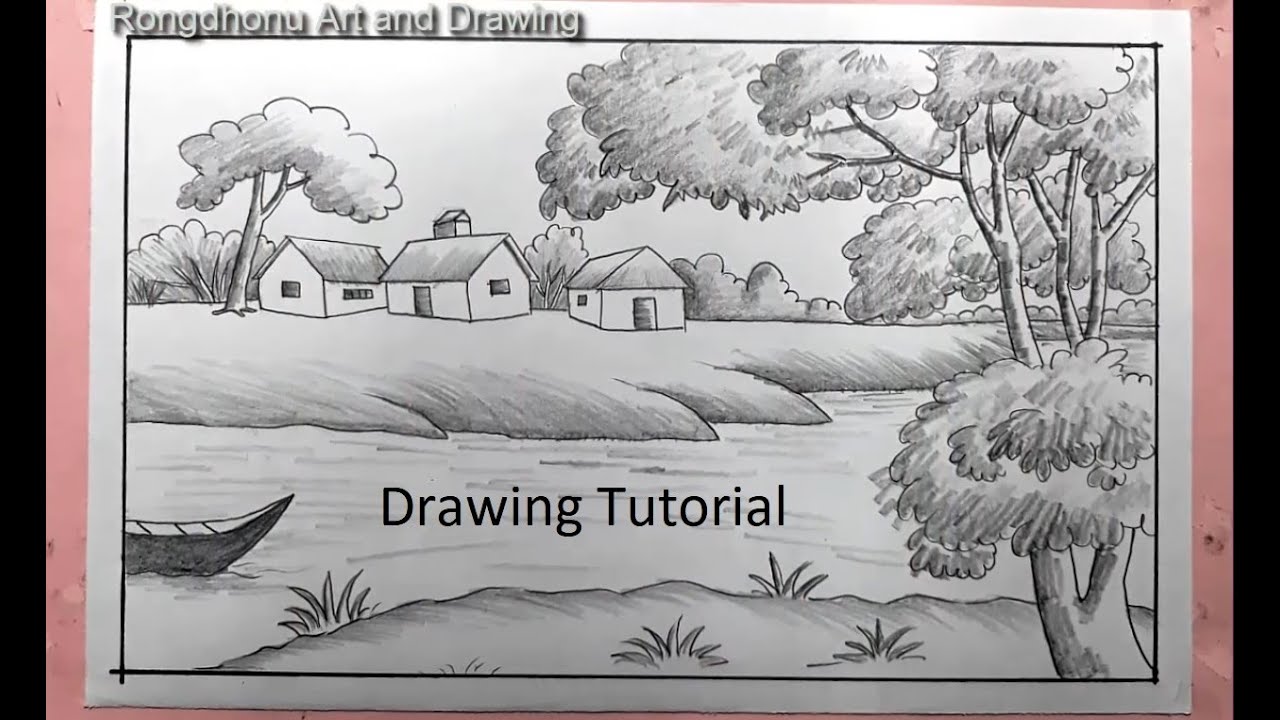 How to Draw RiverSide Scenery with pencil sketch | Scenery Drawing Tutorial 