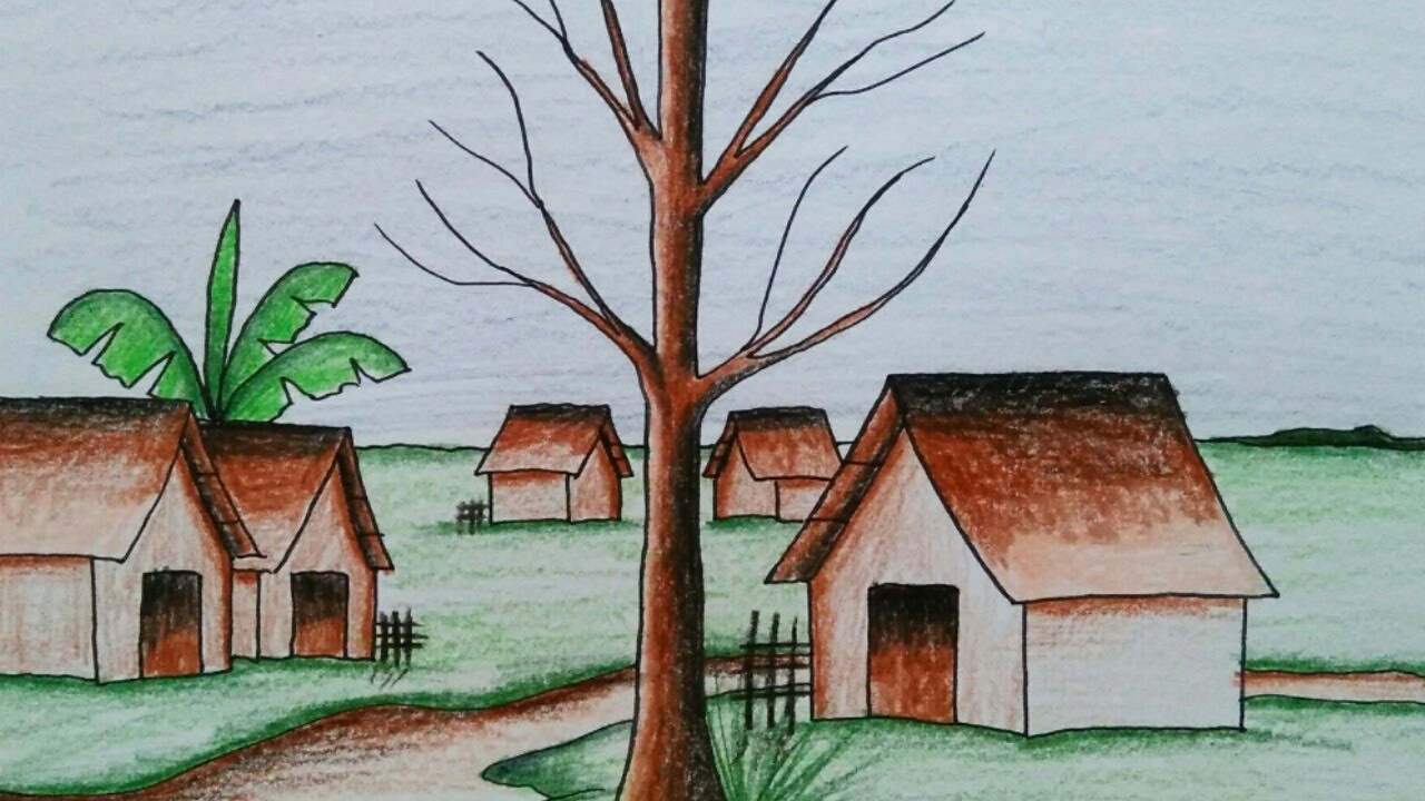 Cara Menggambar Pemandangan - Village Scenery Drawing 