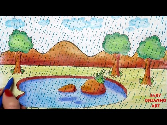 how to draw easy rainy season scenery for kids || mansoon scenery drawing 