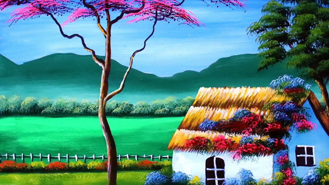 Dream place and house painting | beautiful nature scenery painting | drawing and painting tutorial 