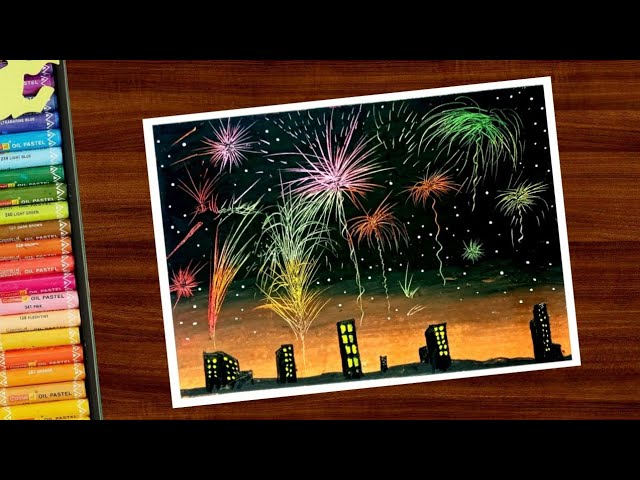 Diwali Scenery Drawing for beginners - Easy oil pastel drawing !! Scratching Technique 