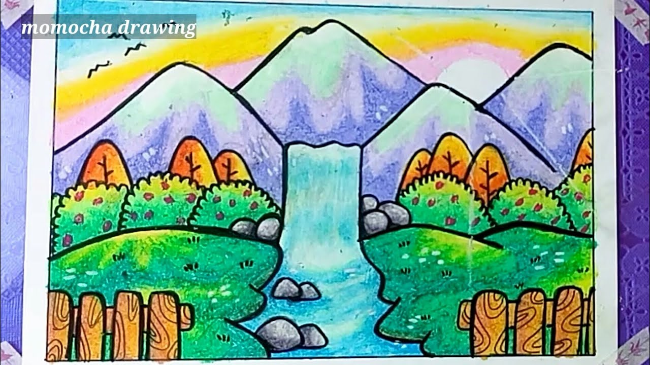 Pemandangan Air terjun pegunungan - cara menggambar dan mewarnai gradasi oil pastel 