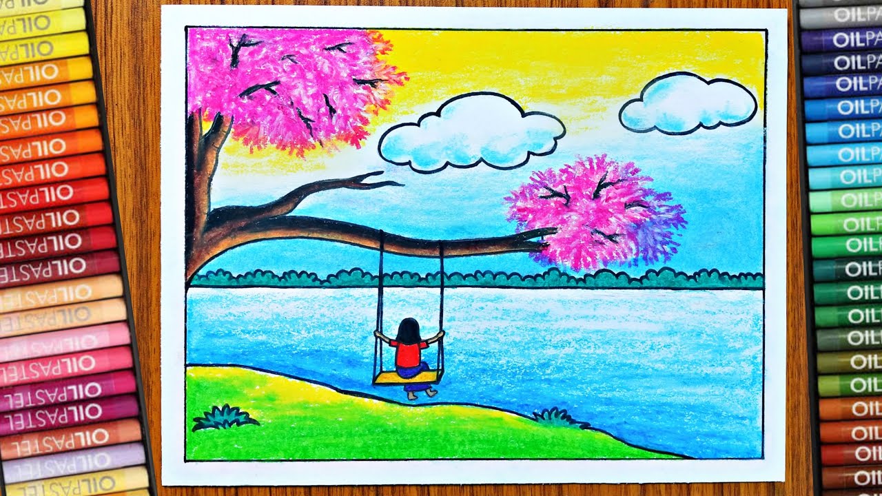 ALONE GIRL ON SWING SCENERY DRAWING | HOW TO DRAW EASY SCENERY STEP BY STEP | GIRL ON JHULA DRAWING 