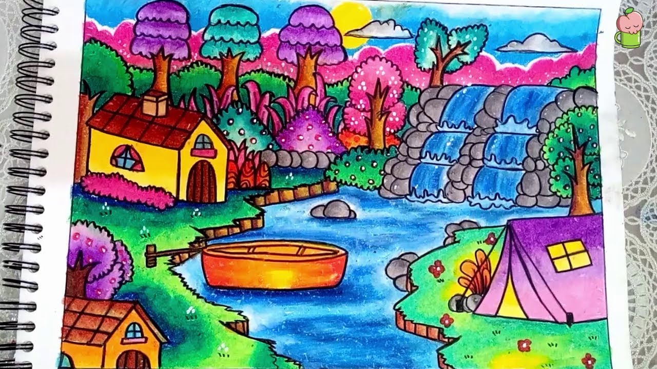 Cara Menggambar Dan Mewarnai Pemandangan Alam Air Terjun Dan Rumah Gradasi Warna Oil Pastel