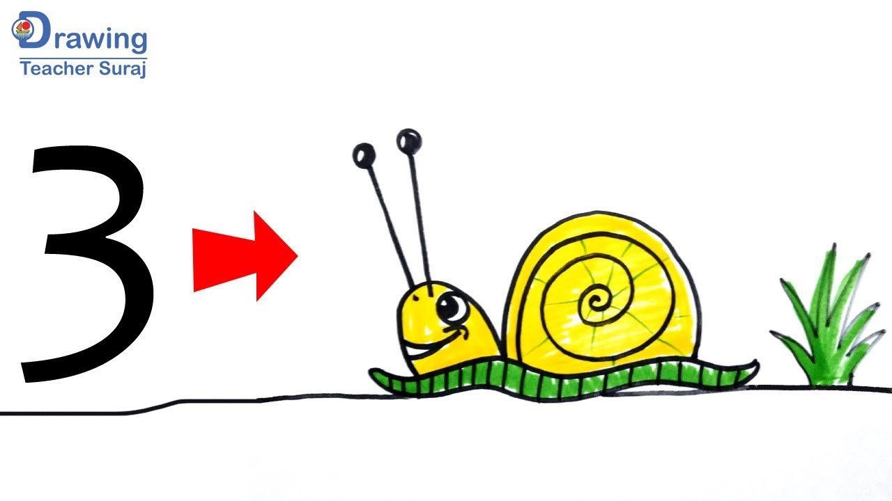 Very Esay Snail Drawing For Kids | How To Draw Snail From 3 