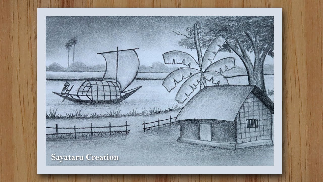 How to draw village scenery with pencil sketch - Step by step - Drawing for beginners 