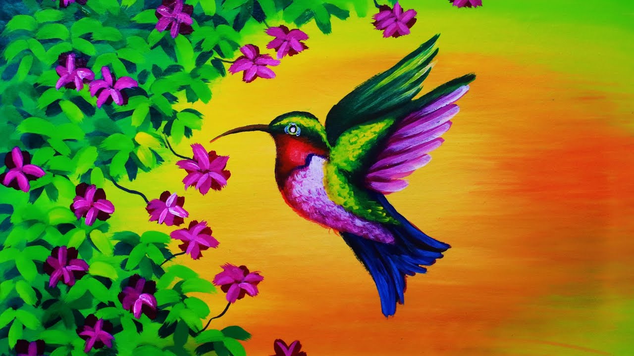 Beautiful Humming bird drawing and painting | birds drawing tutorial | Acrylic techniques 