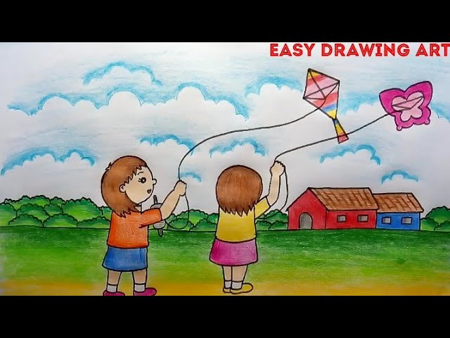 how to draw kids kite flying easy scenery/landscape || makar sankranti easy scenery drawing 