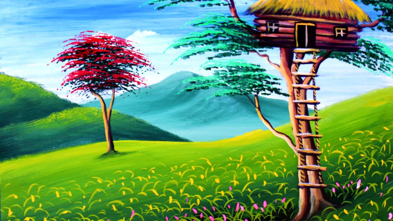 A treehouse with in beautiful landscape | nature drawing painting | beautiful scenery painting 