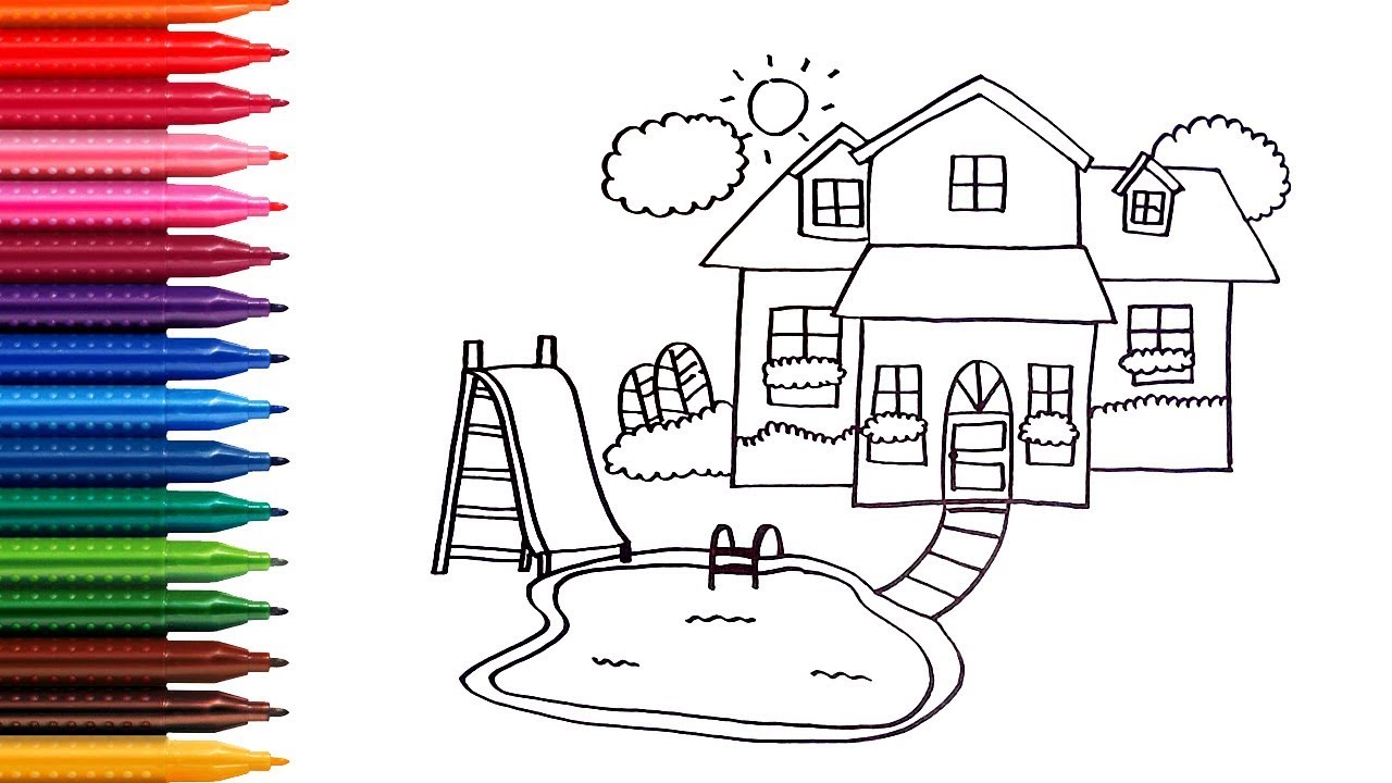 How to draw and coloring House with pool - learn colors - Children coloring pages 