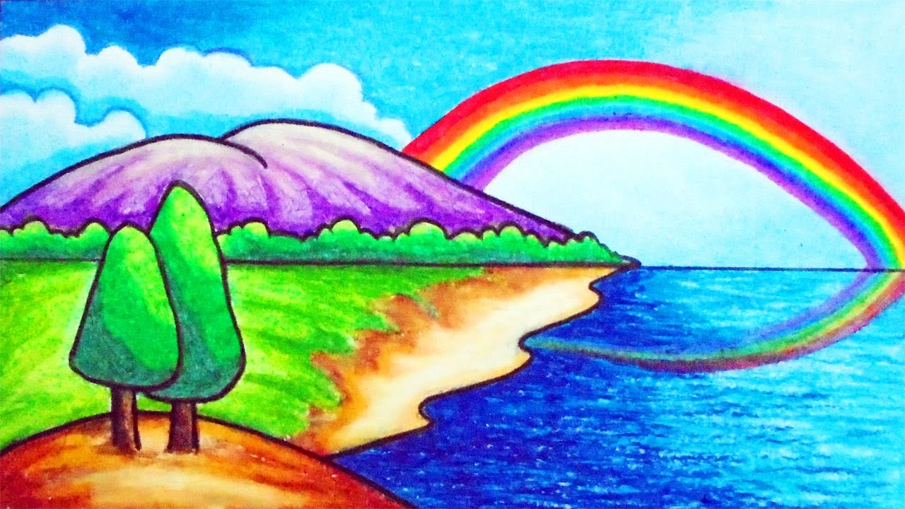 How to Draw Easy Scenery | Drawing Simple Rainbow Scenery Step by Step with Oil Pastels 2