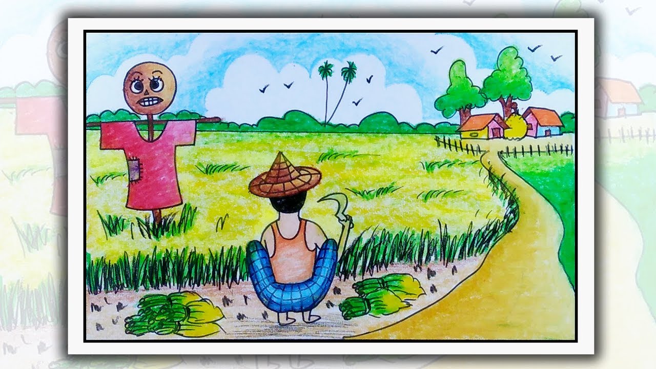 How to draw late autumn season, Village farmer drawing 