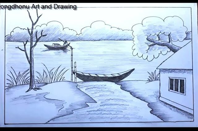 How To Draw A Scenery With River And Boat Nouka O Nodi Soho Gramer Drisso Village scenery drawing | gramer drisso drawing by pencil. nouka o nodi soho gramer drisso