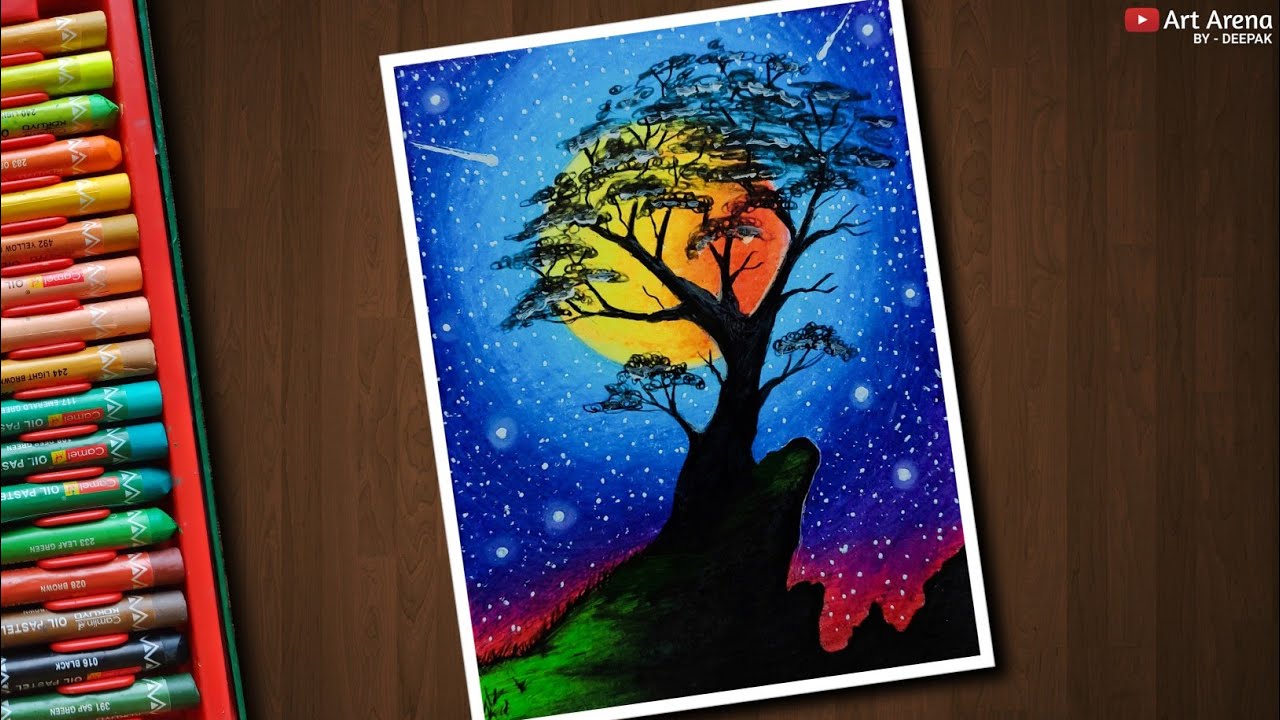 Colourful Night Sky drawing with Oil Pastels - step by step 