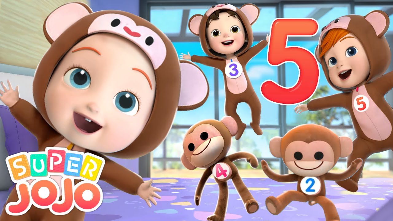 ごひきのこざるがベッドでぴょんぴょんぴょん☆Five Little Monkeys Jumping on the Bed | 子どもの歌 | 童謡 | スーパージョジョ | Super JoJo 