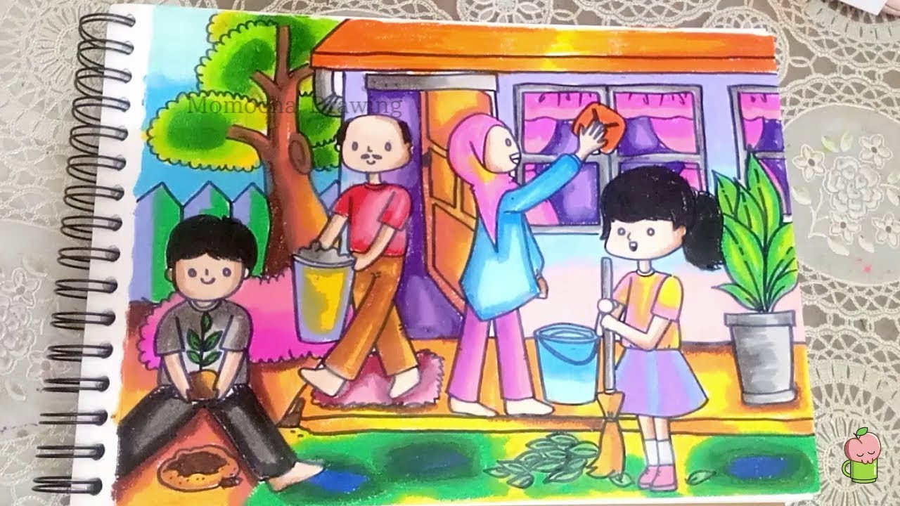 Tema Jagalah Kebersihan - Menggambar dan Mewarnai dengan crayon grasp (gradasi oil pastel) 