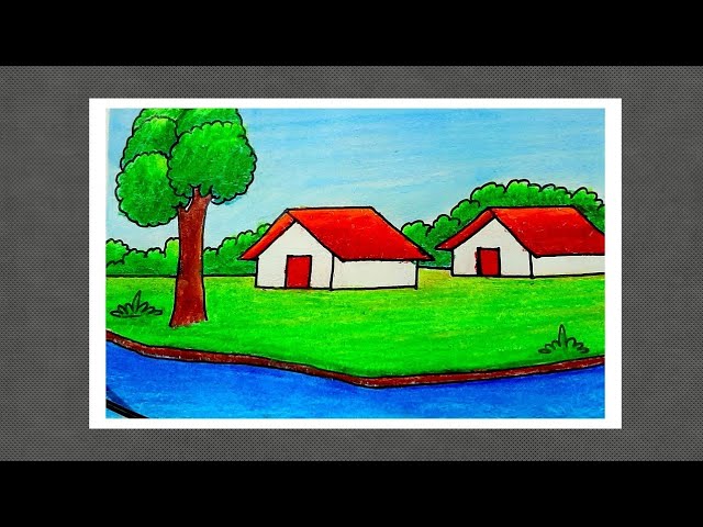 Village scenery drawing with oil pastels 