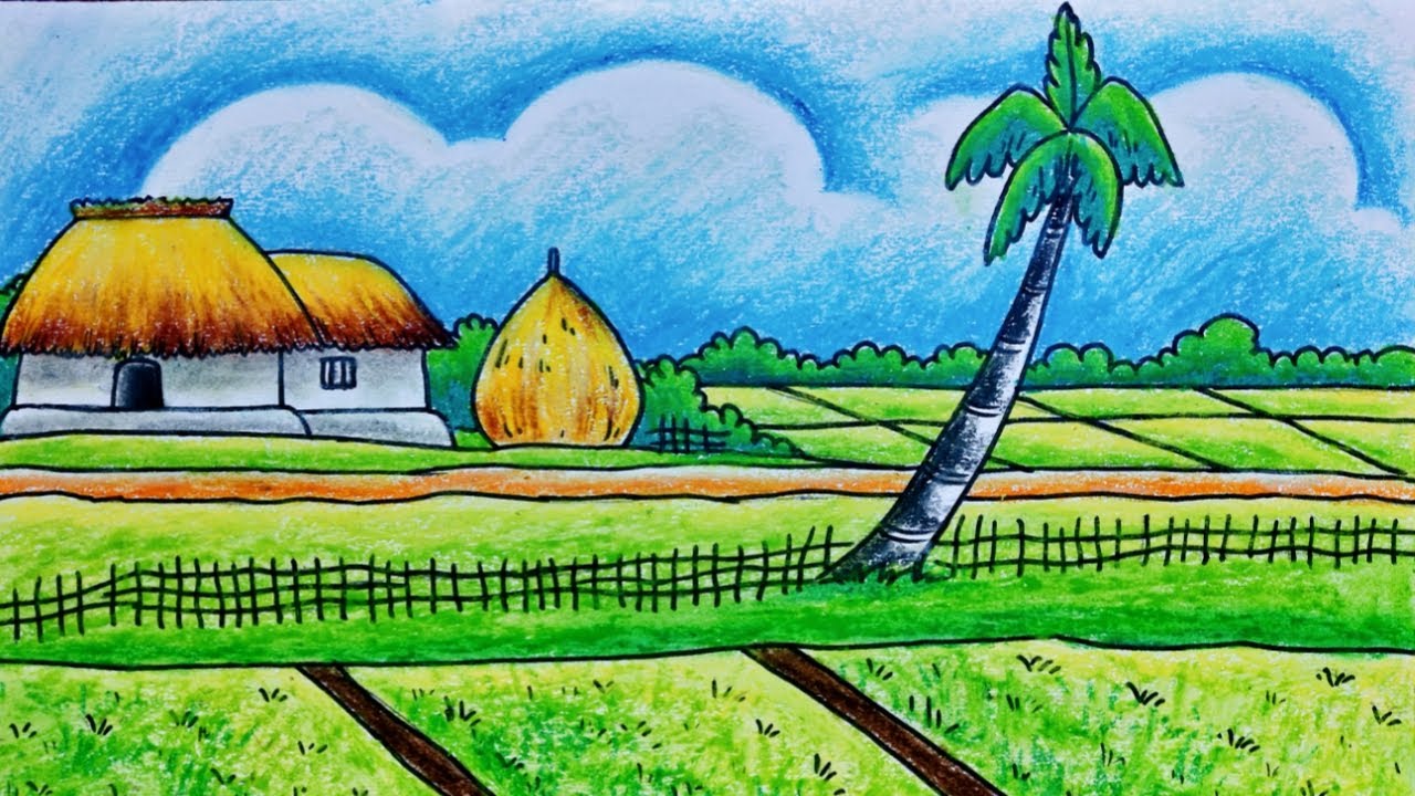 Very Easy Village Life Scenery Drawing Step by Step | Village Scene | Agriculture Drawing Easy 