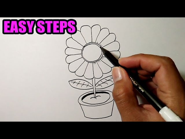 How to draw a flower with 2 leaves in a pot | Easy To Follow 