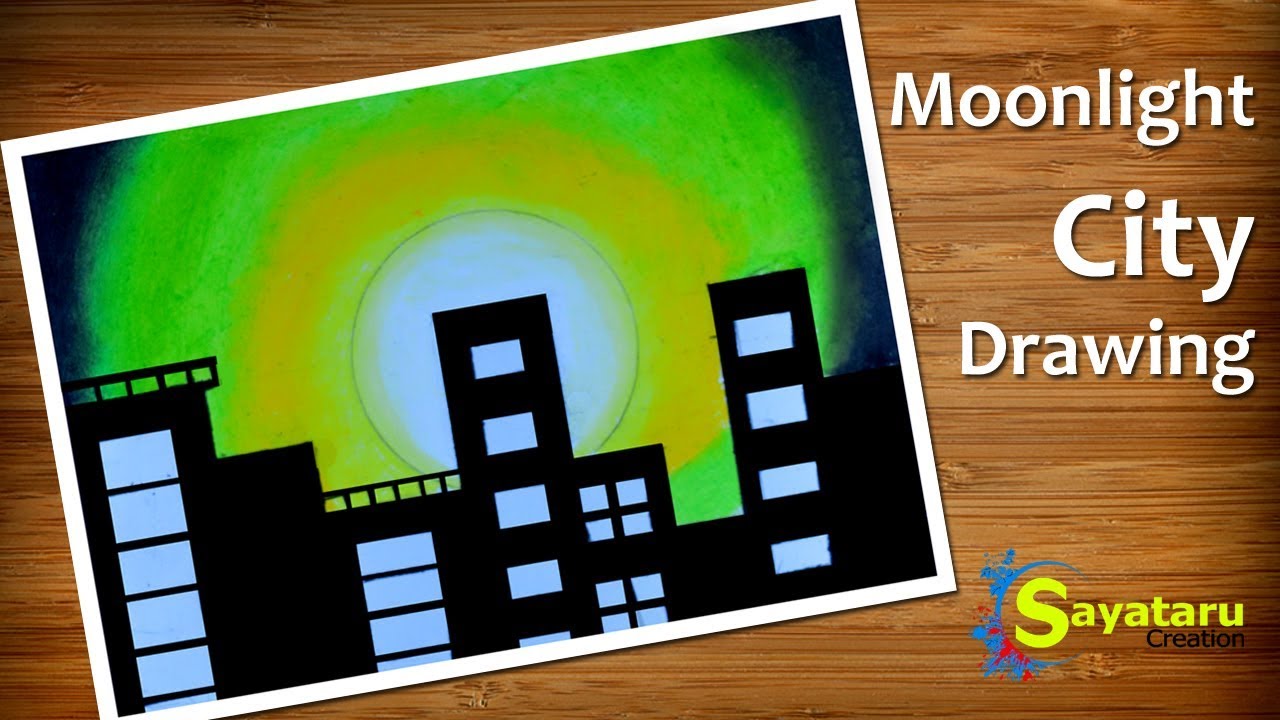 How to draw Scenery of Moonlight City, easy drawing with oil pastels 