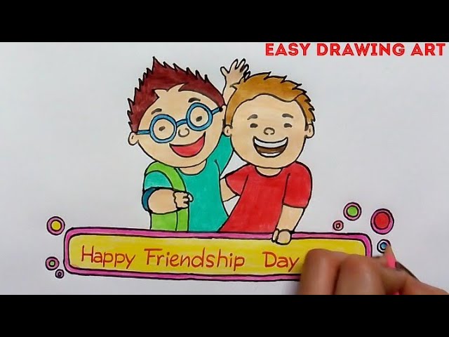 how to make friendship day greeting card drawing || easy friendship day poster drawing for kids 