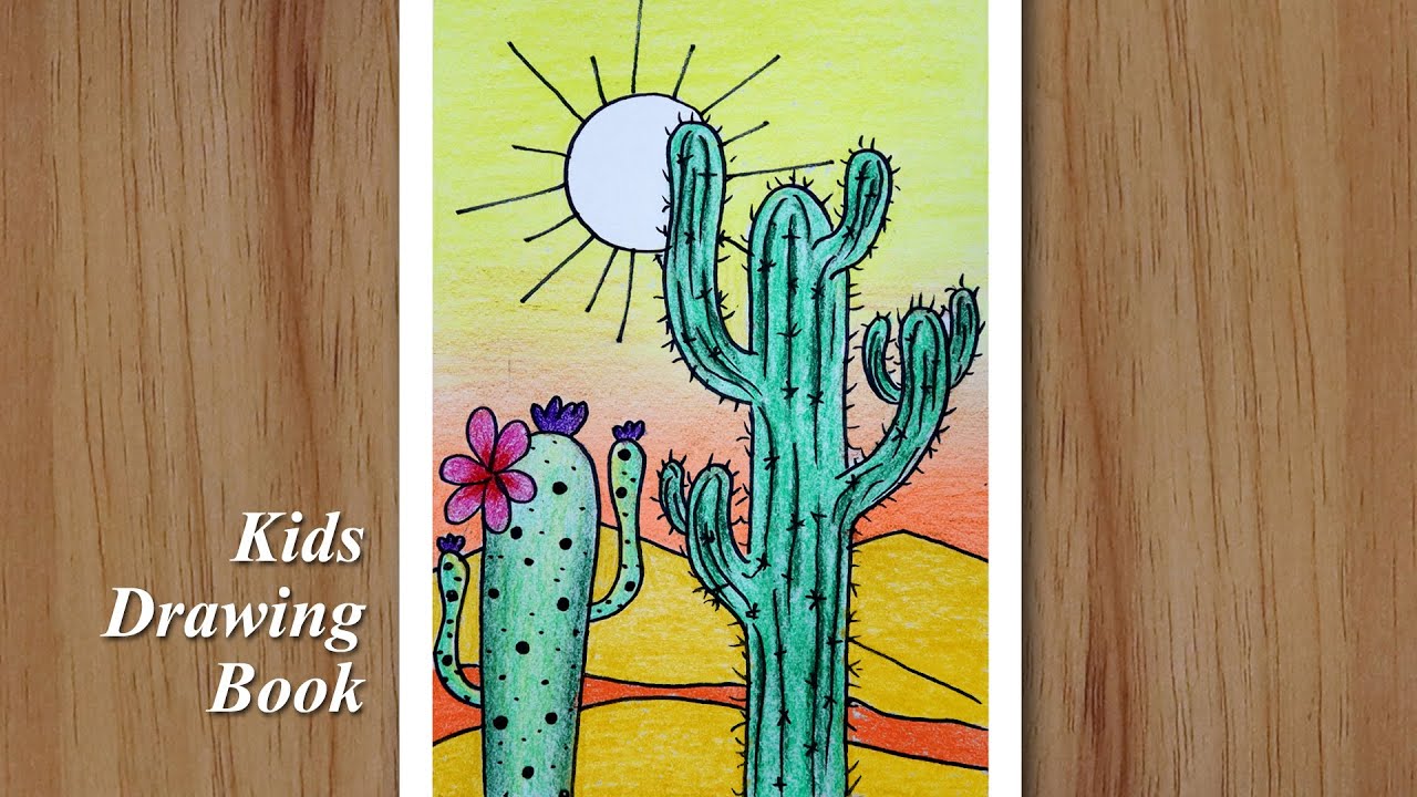 How to draw Scenery of Cactus step by step - Easy Scenery for Beginners - Cactus Drawing 