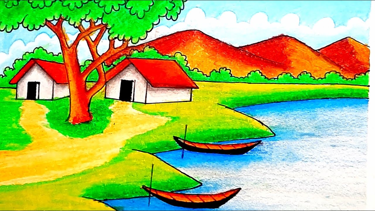 How to draw scenery || Village Scenery drawing || Village scenery drawing with oil pastel 