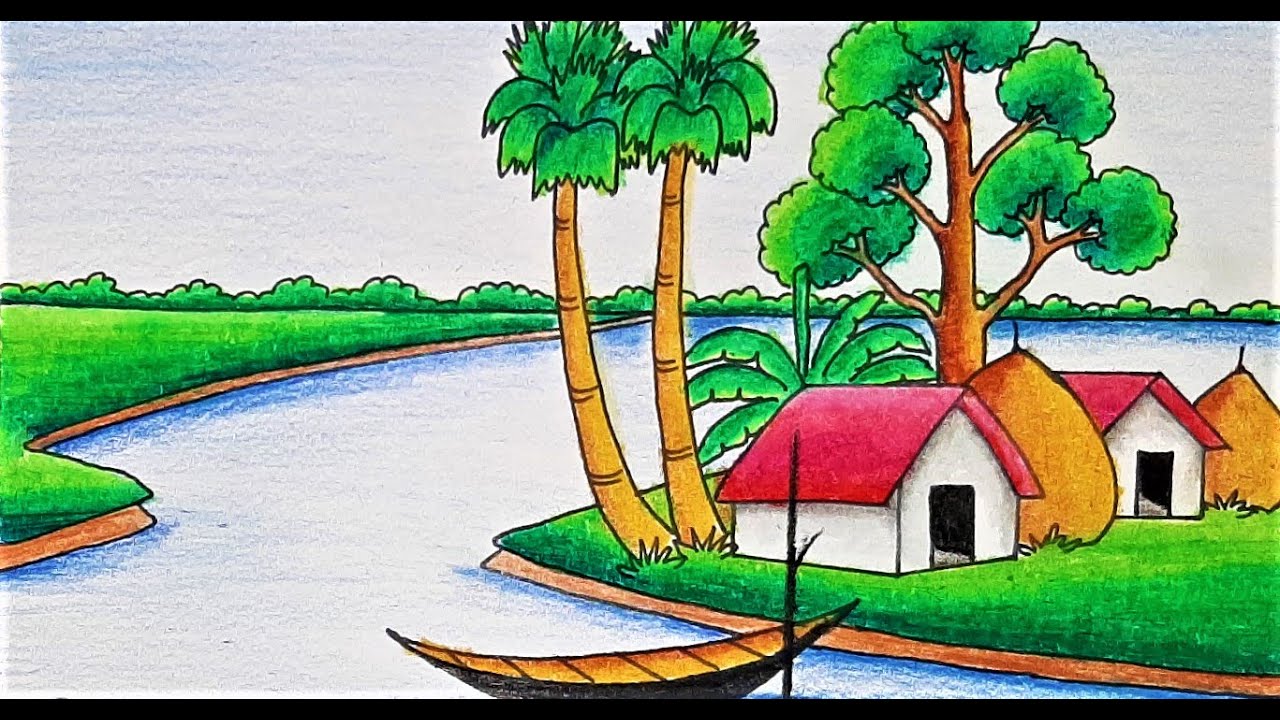 Riverside village drawing beautiful with drawing of nature 