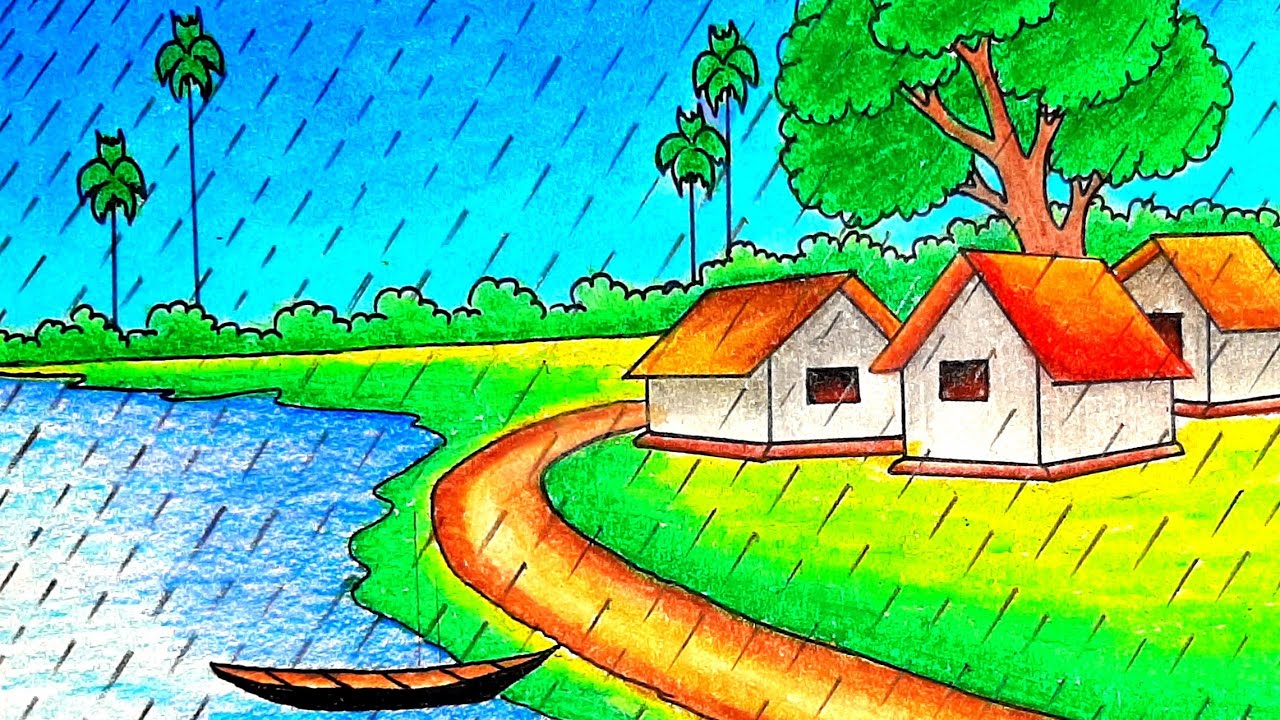 How to draw a scenery of Rainy season step by step {very easy} Rainy season drawing | Easy drawing 