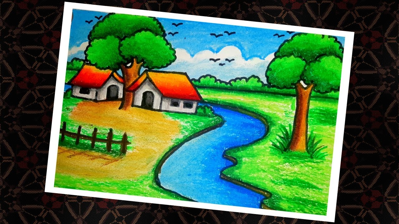 Riverside Village Scenery Drawing with oil pastel color 