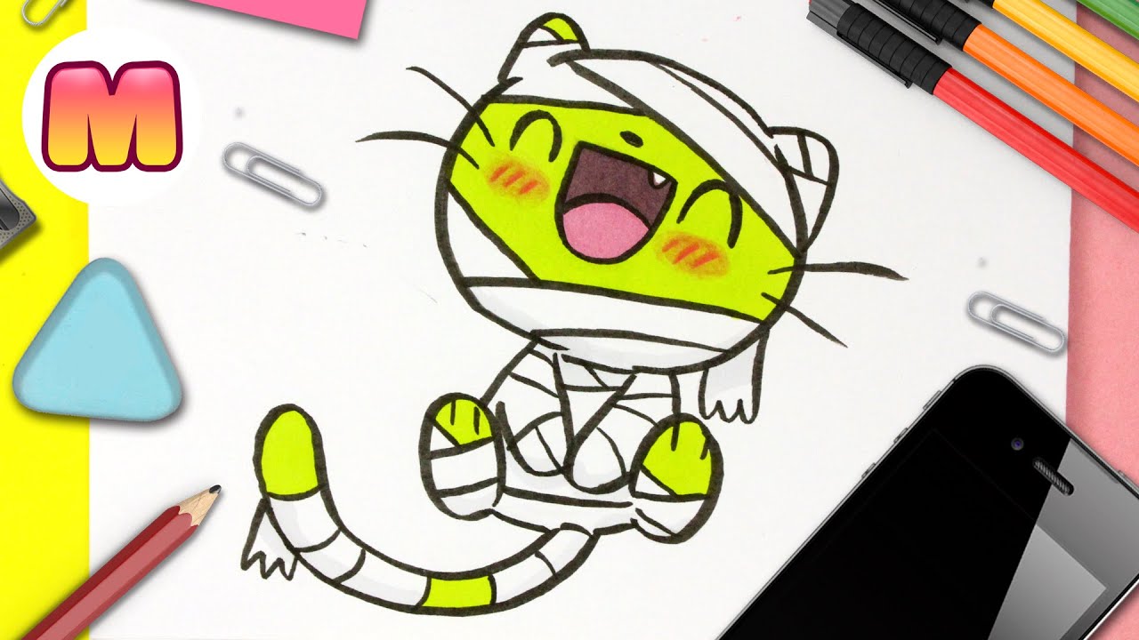 Como dibujar un GATO MOMIA KAWAII ? FACIL PASO A PASO ? como dibujar un gatito bebe 