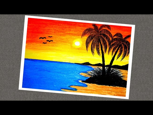 How to draw easy sunset scenery drawing with oil pastel colour step by step 1