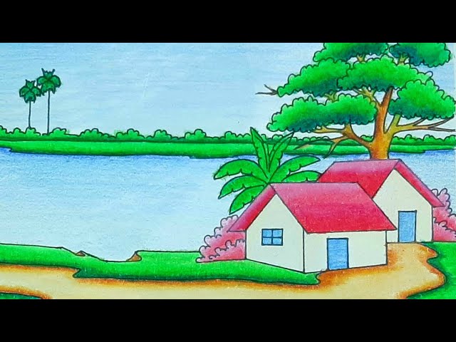 How To Draw Riverside Village Scenery Step By Step Easy Draw Landscape Drawings With Color