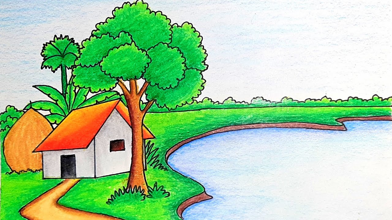 Riverside scenery drawing- Riverside village drawing, village scenery drawing with oil pastel 