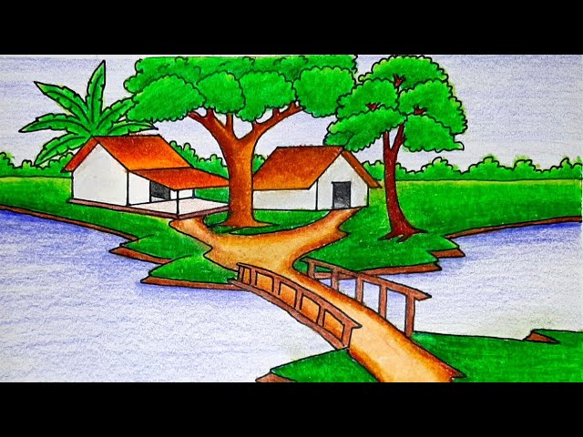 How to draw village scenery and colour step by step very easy 