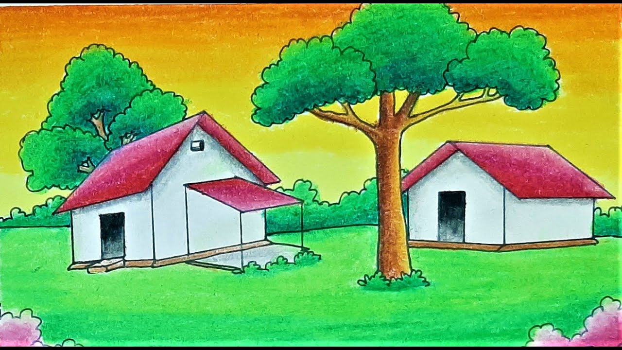 How To Draw Easy Scenery || village house drawing -easy drawing for beginners 