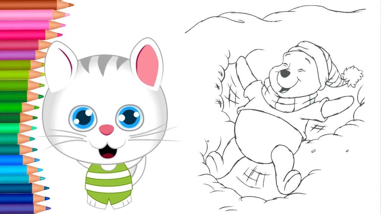 Dibujar y Colorea Winnie el oso en la nieve | Dibujos Para Niños con el gato | Aprender Colores 