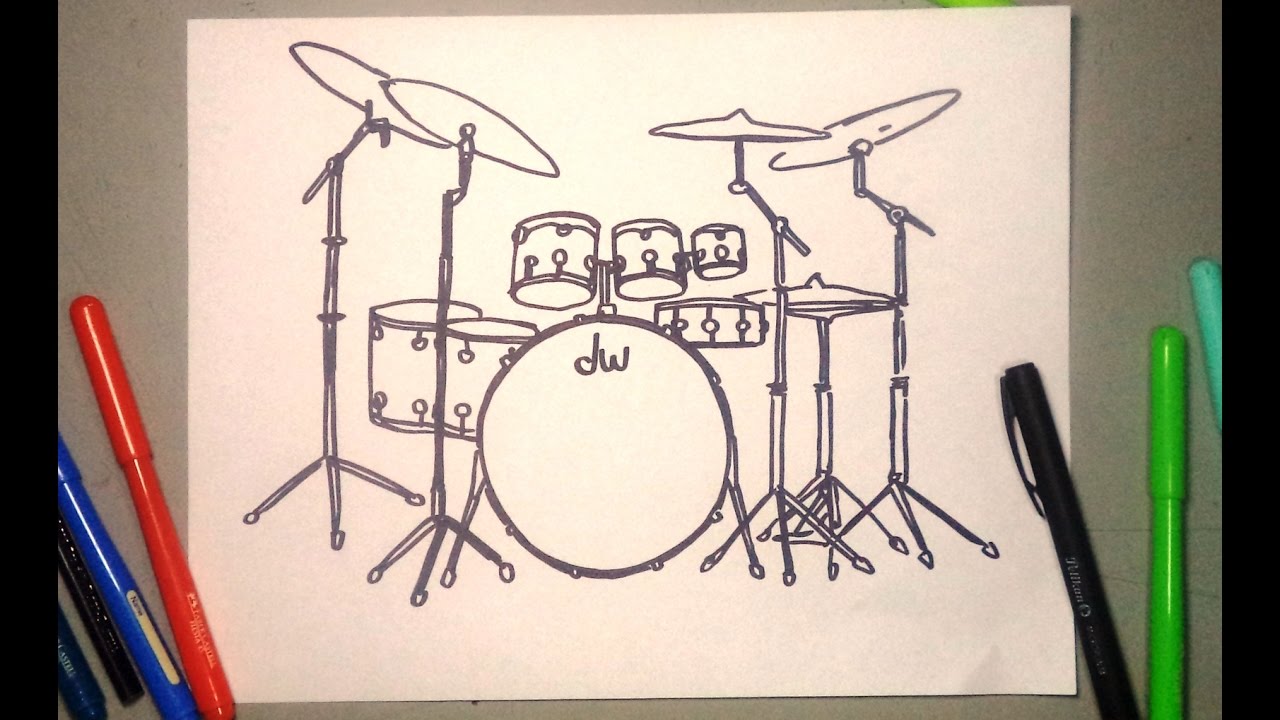 Dibuja paso a paso una Bateria DW drums drawing 