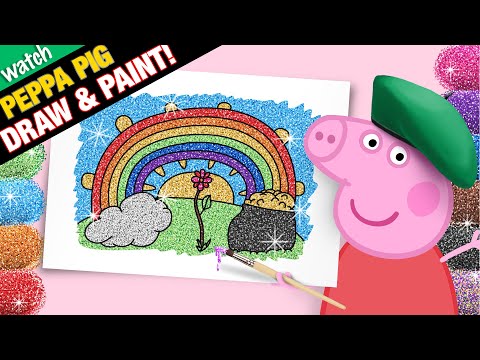 WATCH PEPPA PIG DRAW AND COLOR A RAINBOW AND A POT OF GOLD WITH GLITTER PAINT!! 