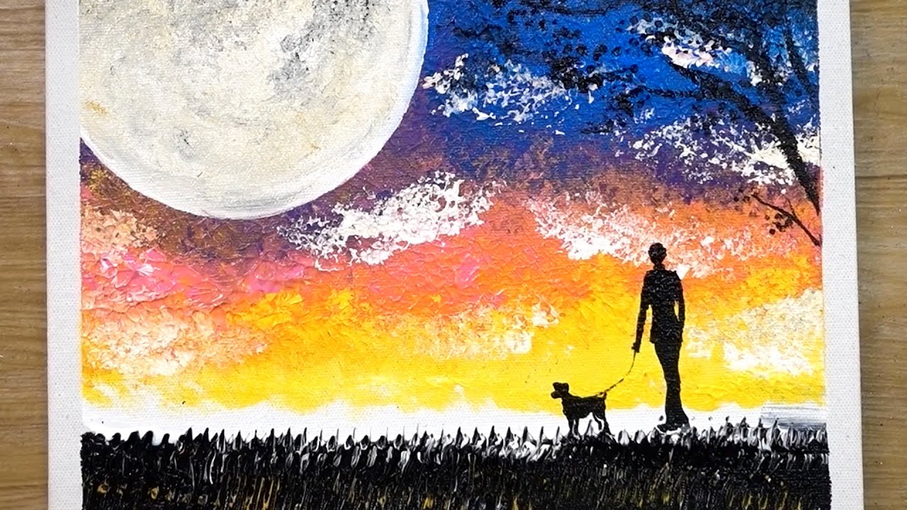 Daily Painting Technique - How to draw a man walking dog under the moon 