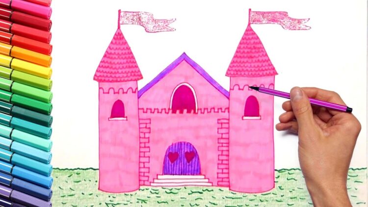drawing pink castle for princess coloring page for girls with