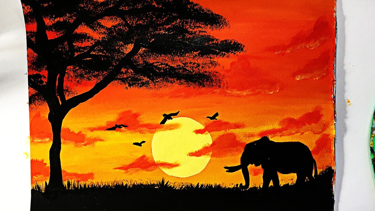 COMO PINTAR UN ATARDECER AFRICANO CON ELEFANTE ?✔️ 2