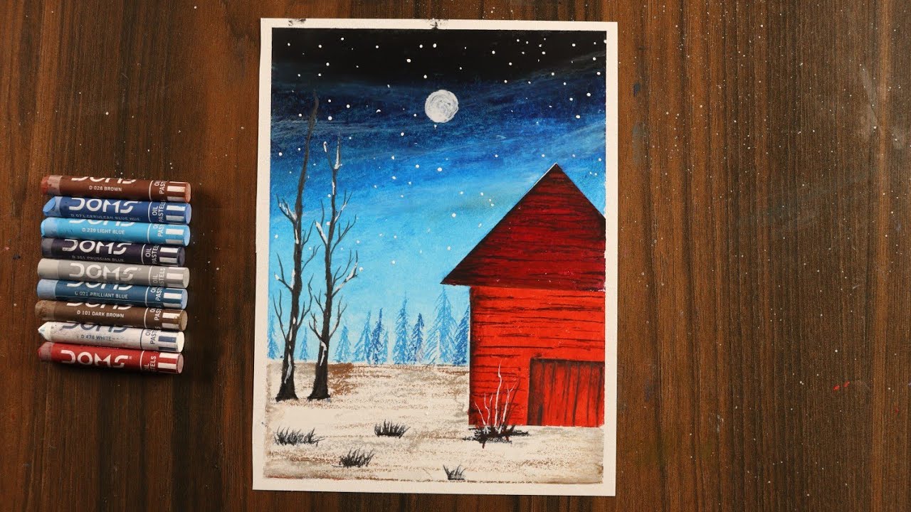 Winter snow fall / Easy Drawing with Oil Pastels for Beginners / Step by Step Oil Pastel Drawing 