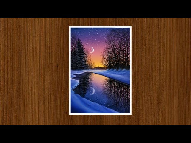 Winter Night Drawing with Oil Pastels for Beginners / Step by Step Oil Pastel Drawing 