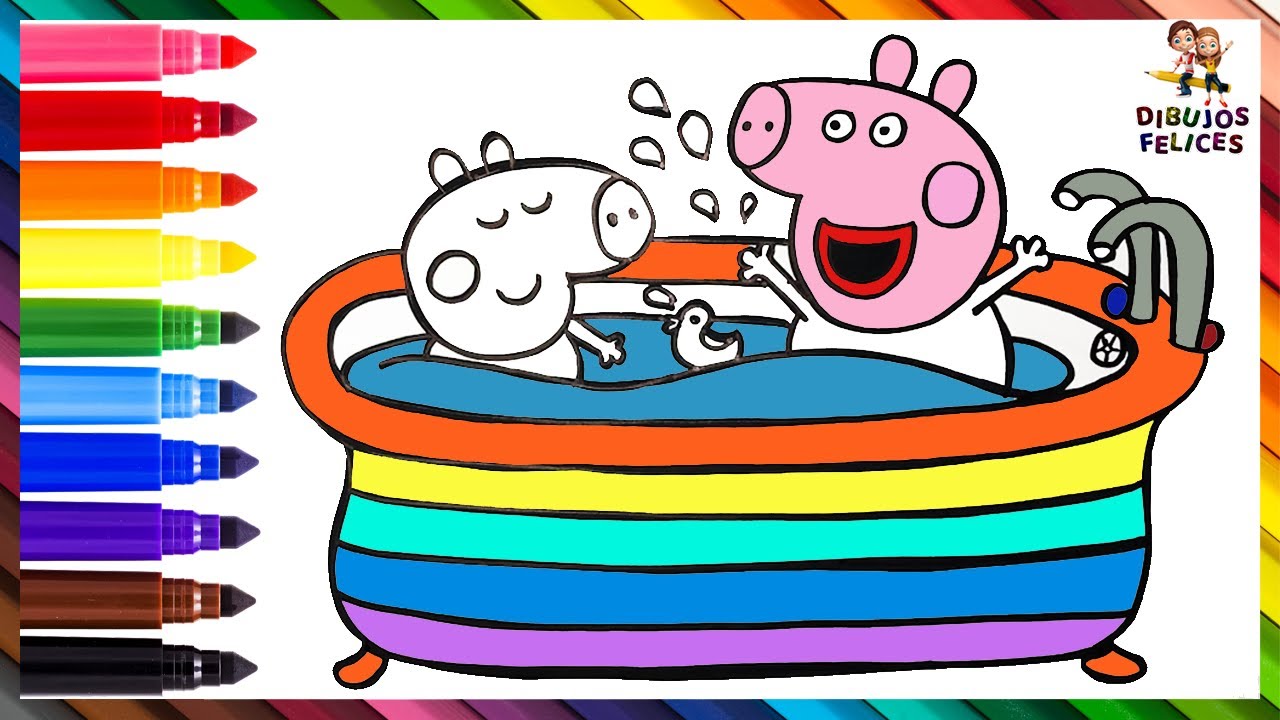 Dibuja y Colorea A Peppa Pig Y George Pig En Una Bañera De Arcoiris ??? Dibujos Para Niños 1